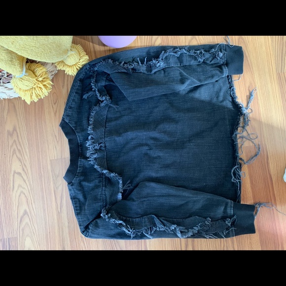 Black Denim Crewneck with Playful Fringe - Picture 3 of 3